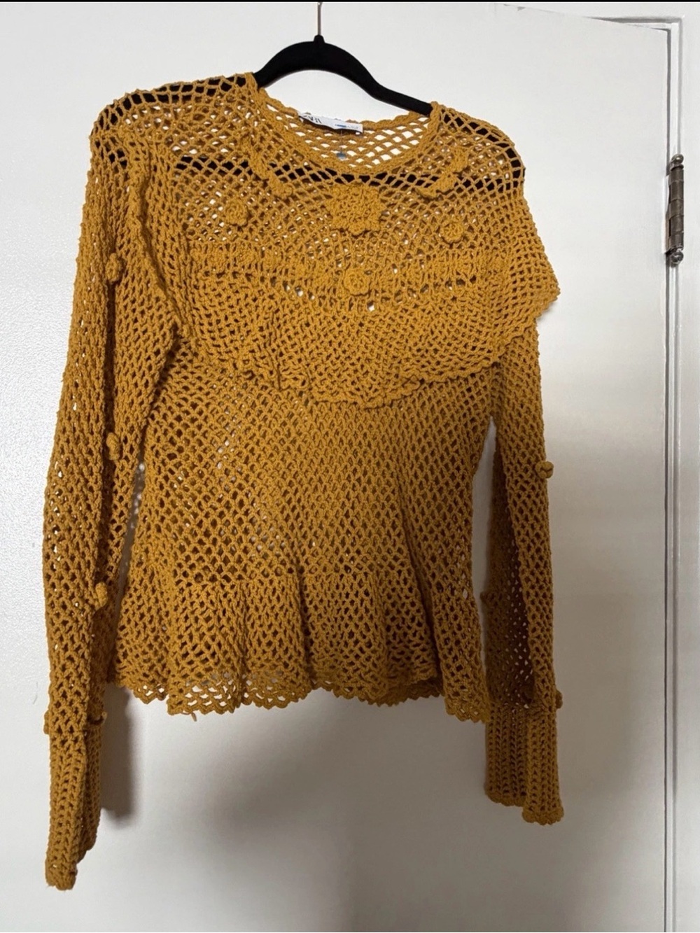 Zara Mustard Open Crochet Flowers Scoop-Neck Sweater